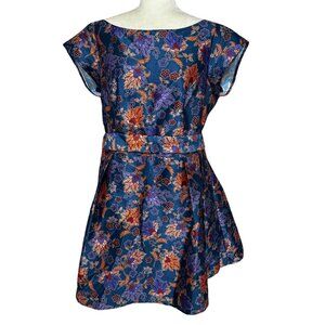 eShakti Floral Dupioni Fit Flare Mini Dress Plus 2X Cap Sleeve Wedding